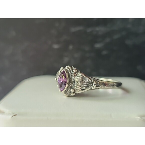 925 Sterling Silver Amethyst Floral Shaped Ring Vintage, SIZE US 8 - Picture 5 of 10